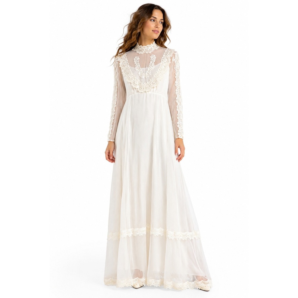 70s Romantic Prairie Wedding Dress Sheer Lace Empire Bridal Gown Alfred Angelo
